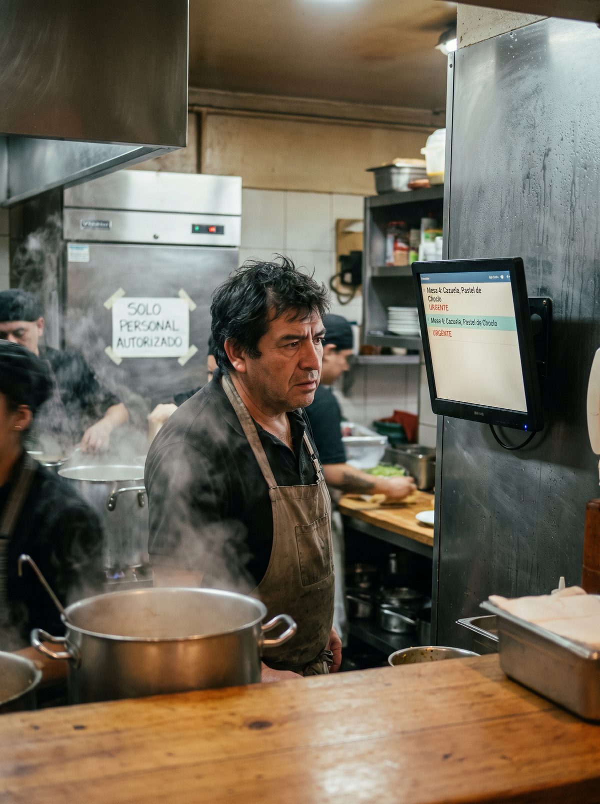 Cocinero viendo el pedido en la pantalla de cocina en tiempo real